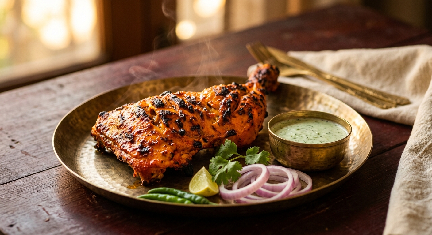 Sizzling Pakistani-style chicken tikka leg quarter with mint chutney, red onions and lime — Mr. Haleem, Houston TX