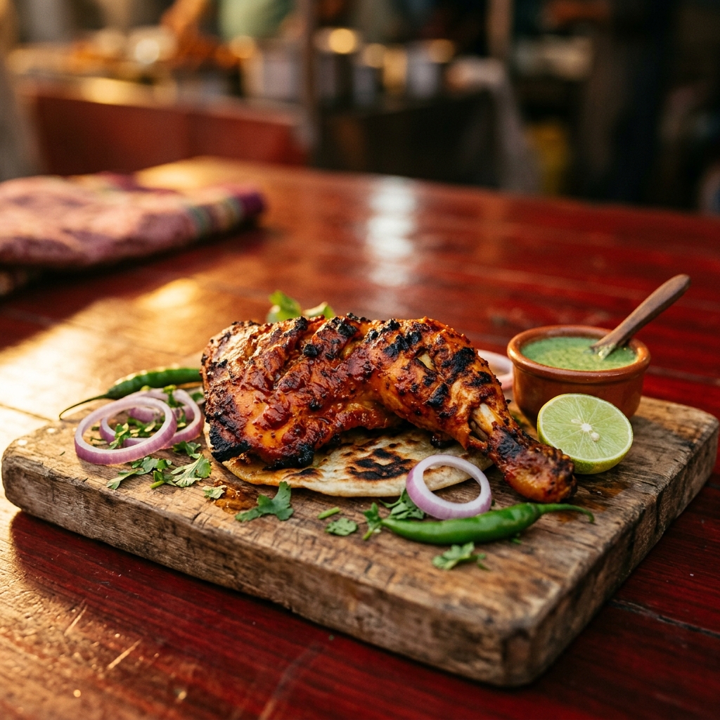 Authentic Karachi-style chicken tikka plated with mint chutney, red onions and lime — Mr. Haleem Houston